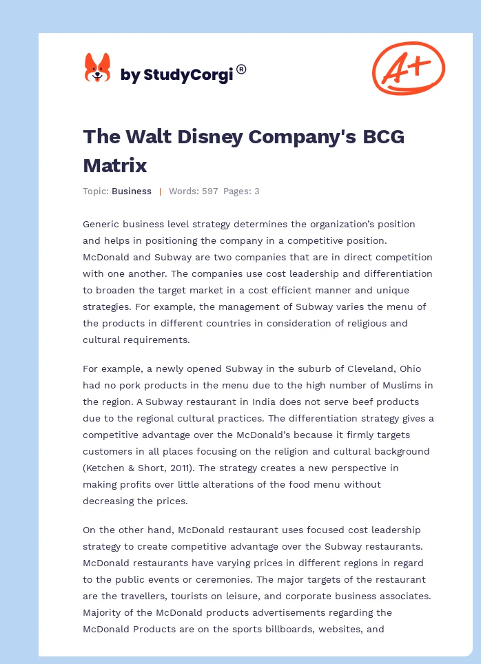 The Walt Disney Company's BCG Matrix. Page 1