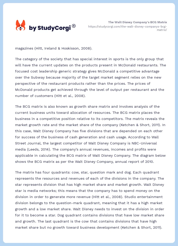 The Walt Disney Company's BCG Matrix. Page 2