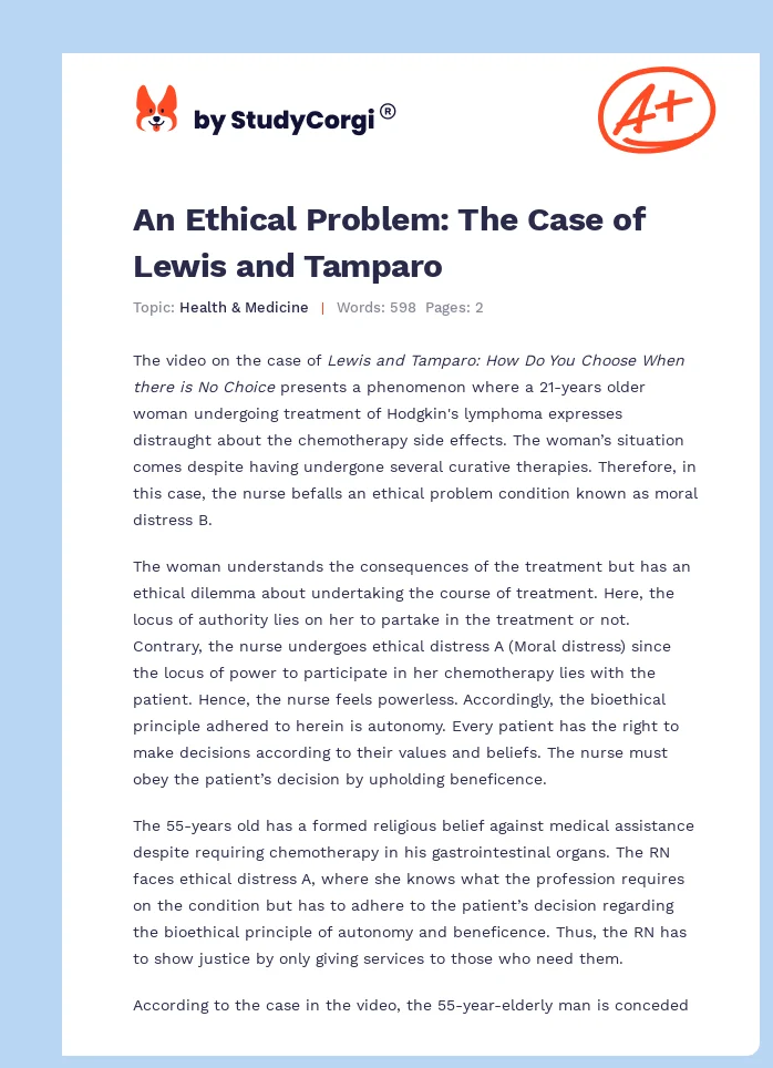 An Ethical Problem: The Case of Lewis and Tamparo. Page 1