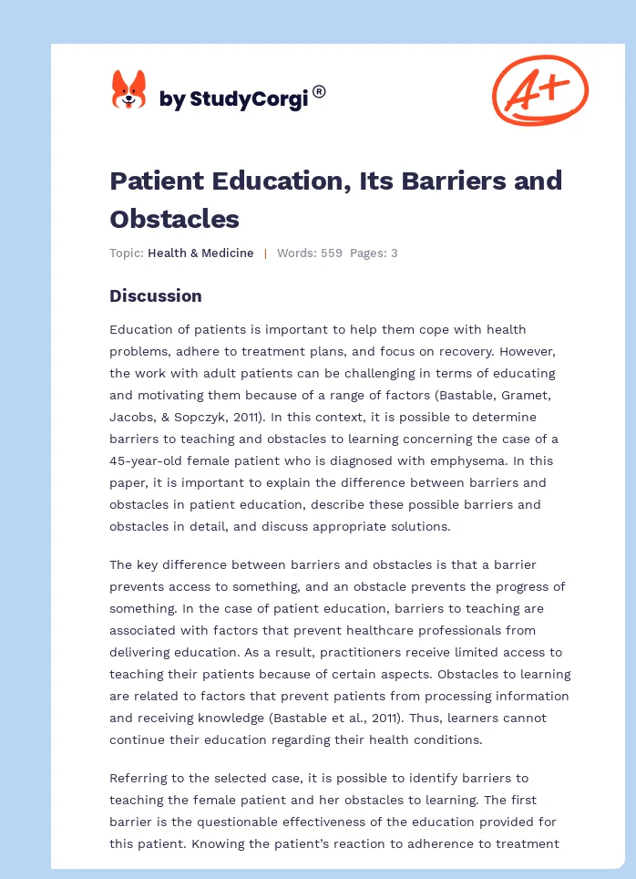 Patient Education, Its Barriers and Obstacles. Page 1