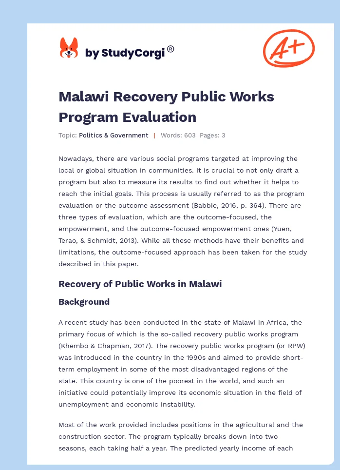 Malawi Recovery Public Works Program Evaluation. Page 1