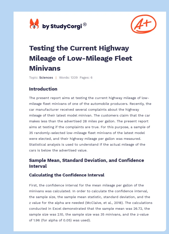 Testing the Current Highway Mileage of Low-Mileage Fleet Minivans. Page 1