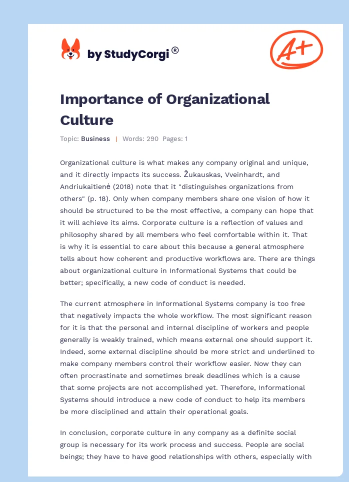 Importance of Organizational Culture. Page 1