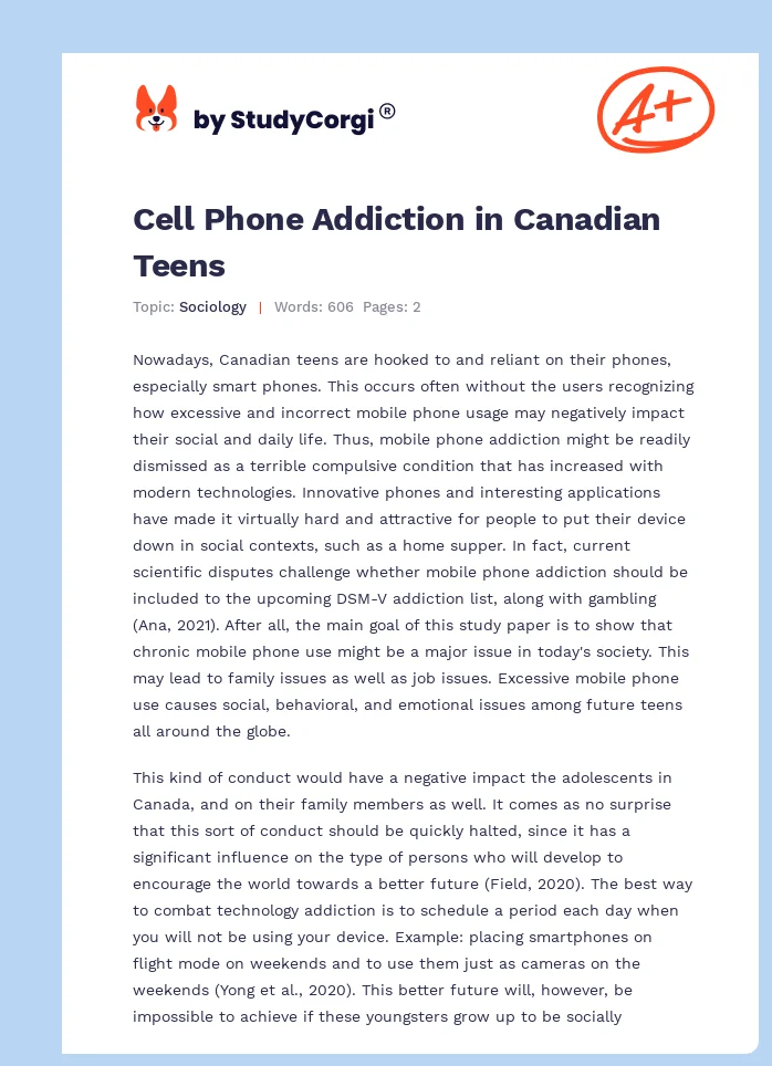 Cell Phone Addiction in Canadian Teens. Page 1