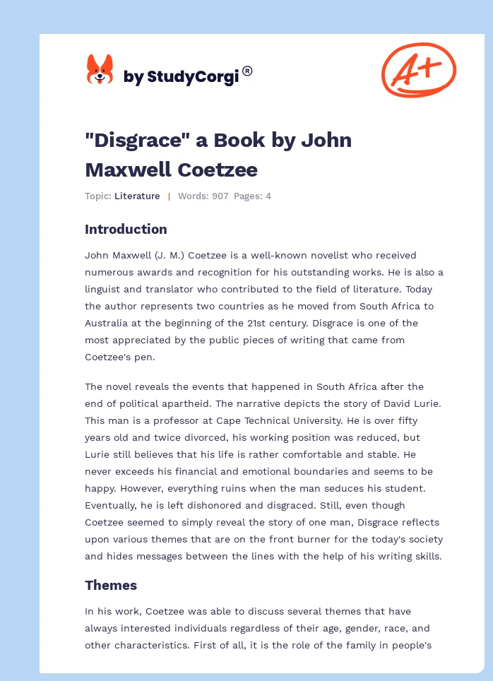 "Disgrace" a Book by John Maxwell Coetzee. Page 1