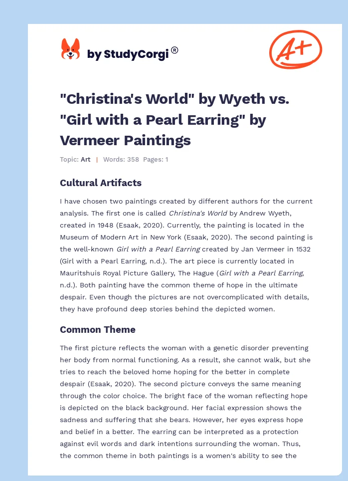 "Christina's World" by Wyeth vs. "Girl with a Pearl Earring" by Vermeer Paintings. Page 1