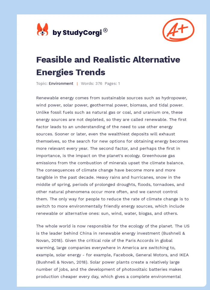 Feasible and Realistic Alternative Energies Trends. Page 1