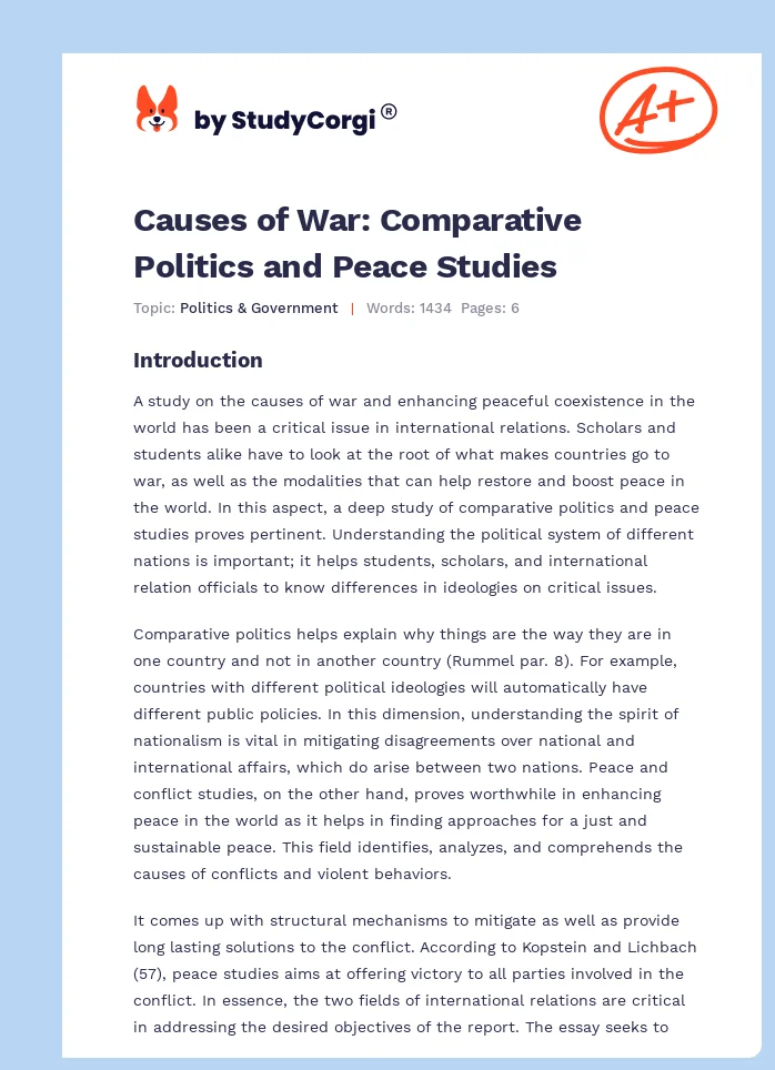 Causes of War: Comparative Politics and Peace Studies. Page 1