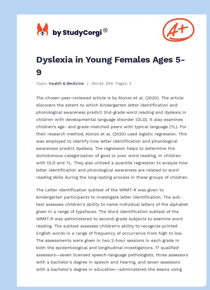 Dyslexia in Young Females Ages 5-9. Page 1