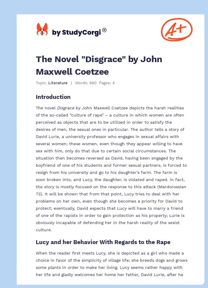 The Novel "Disgrace" by John Maxwell Coetzee. Page 1