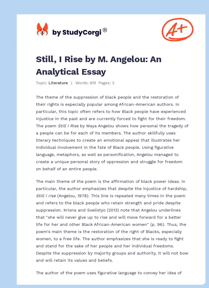 Still, I Rise by M. Angelou: An Analytical Essay. Page 1