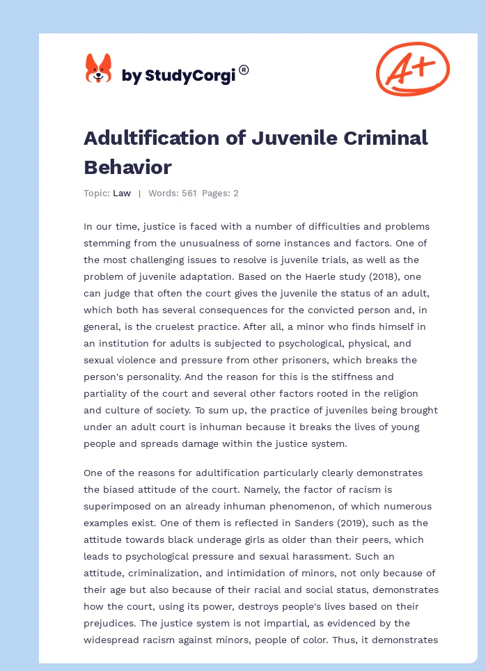 Adultification of Juvenile Criminal Behavior. Page 1