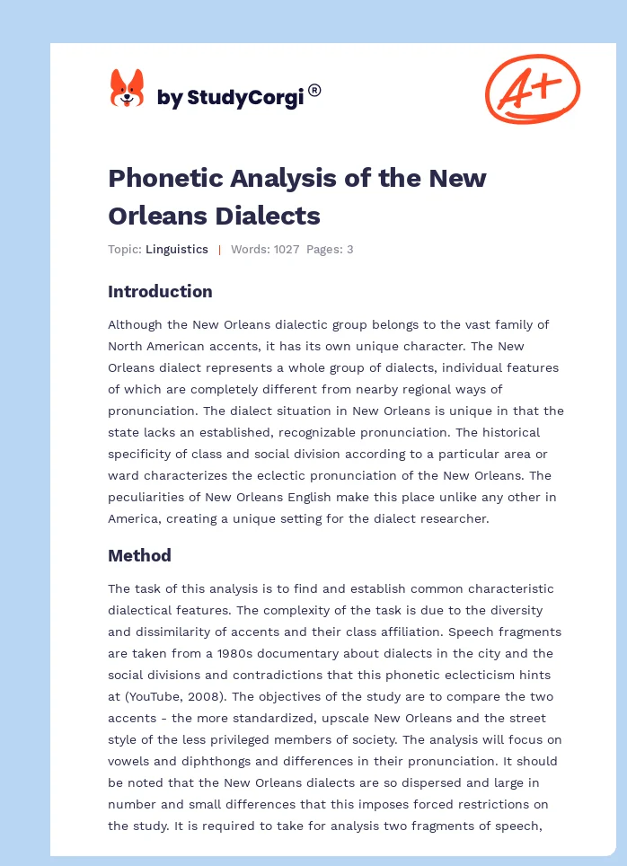 Phonetic Analysis of the New Orleans Dialects. Page 1