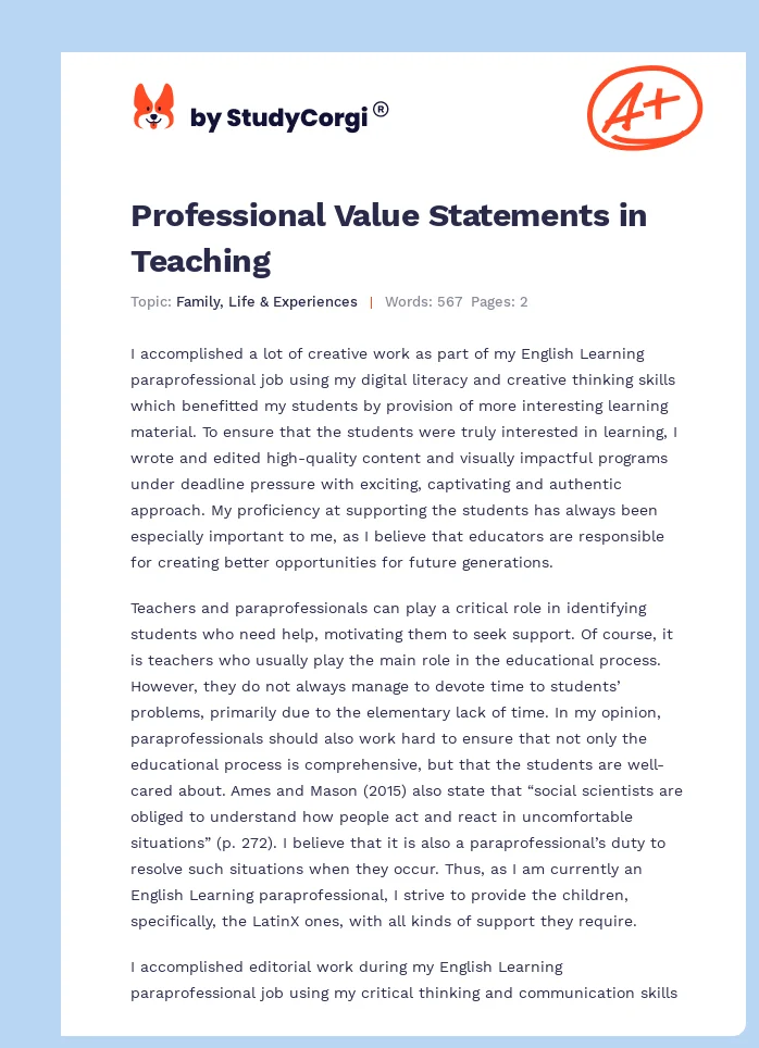 Professional Value Statements in Teaching. Page 1
