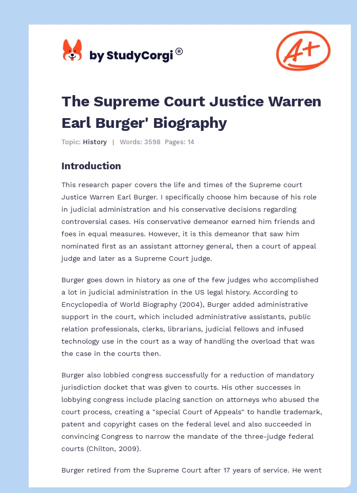 The Supreme Court Justice Warren Earl Burger' Biography. Page 1