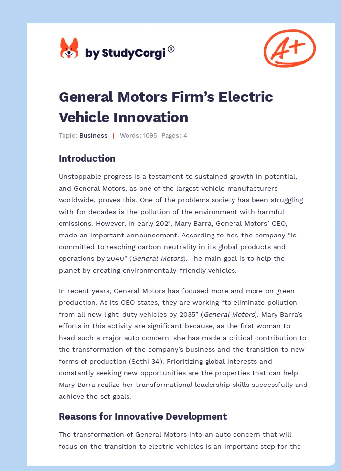 General Motors Firm’s Electric Vehicle Innovation. Page 1