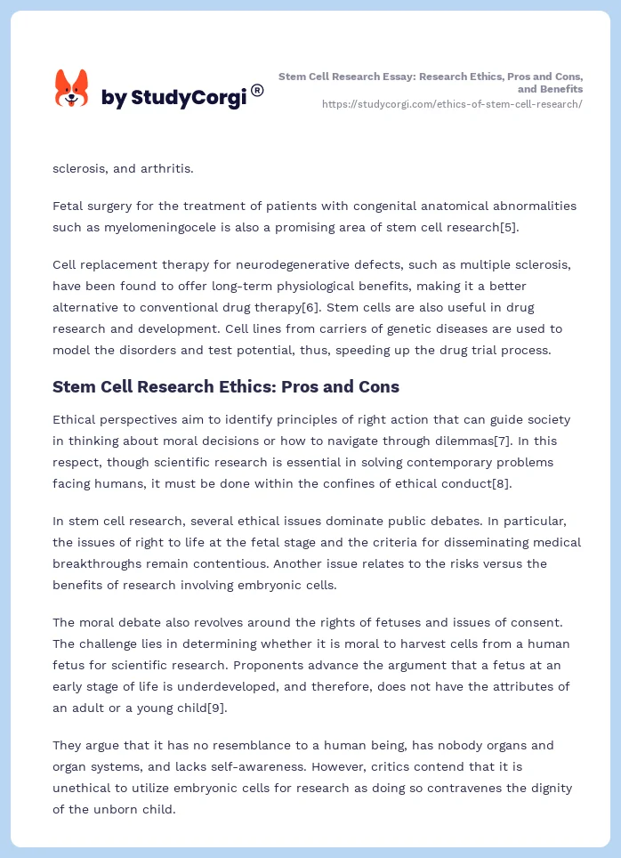 Stem Cell Research Essay: Research Ethics, Pros and Cons, and Benefits. Page 2
