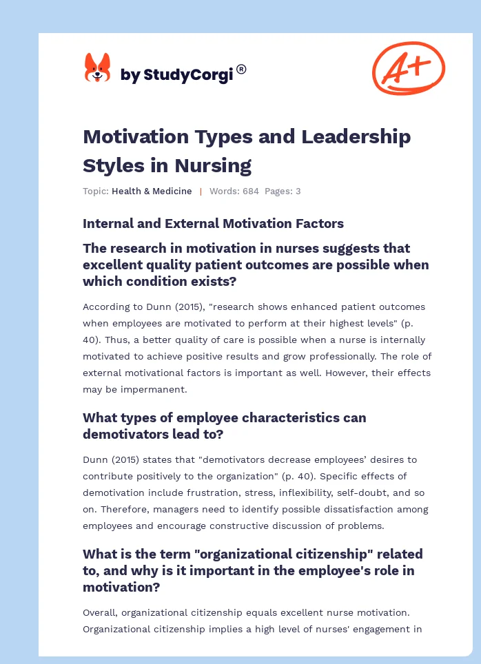 Motivation Types and Leadership Styles in Nursing. Page 1