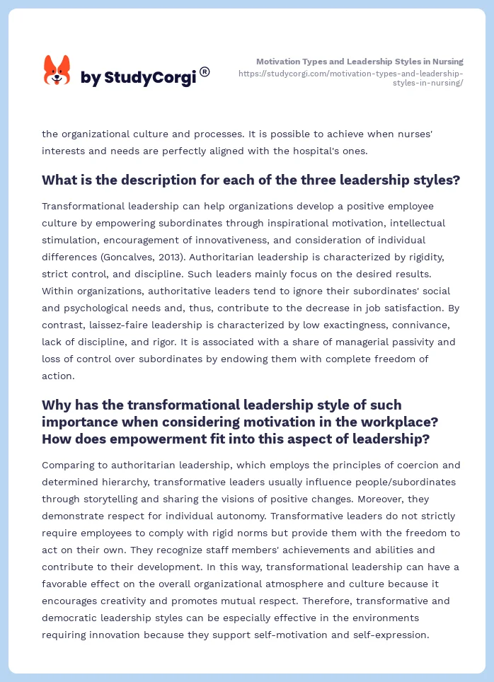 Motivation Types and Leadership Styles in Nursing. Page 2