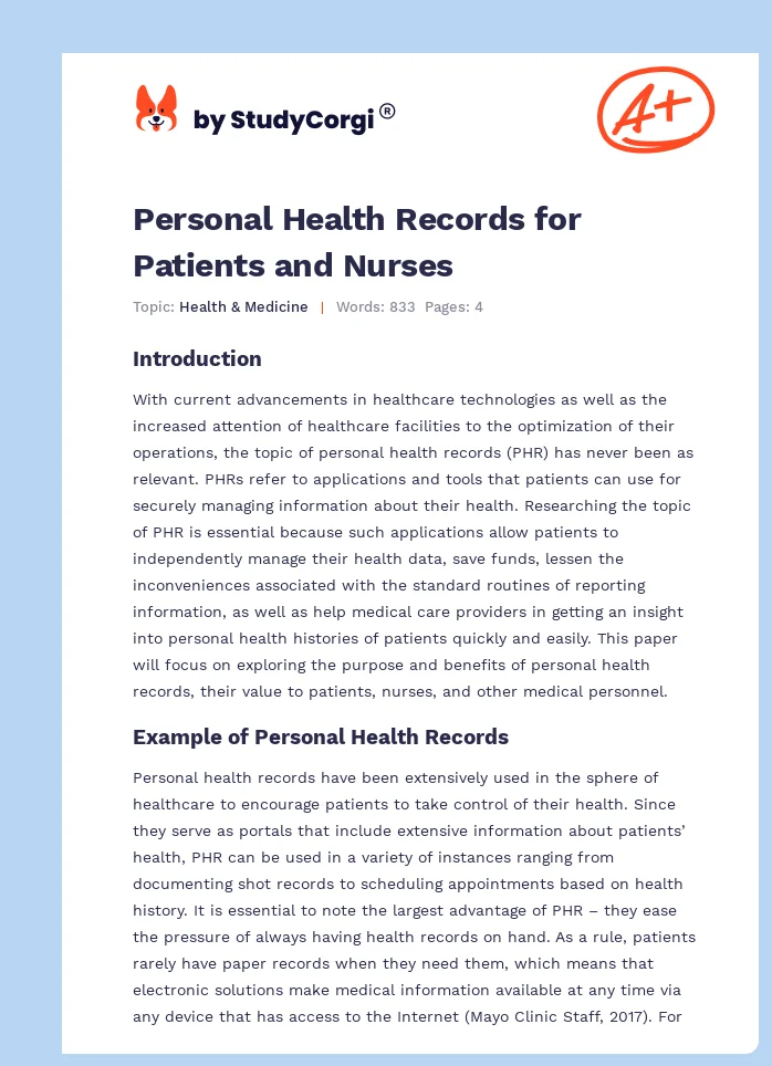 Personal Health Records for Patients and Nurses. Page 1