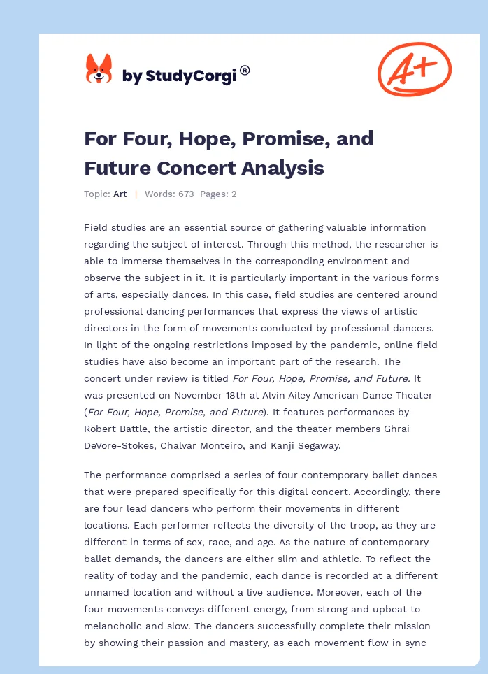 For Four, Hope, Promise, and Future Concert Analysis. Page 1