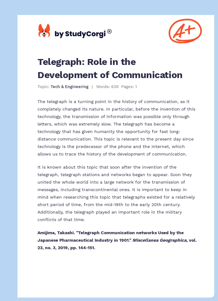 Telegraph: Role in the Development of Communication. Page 1