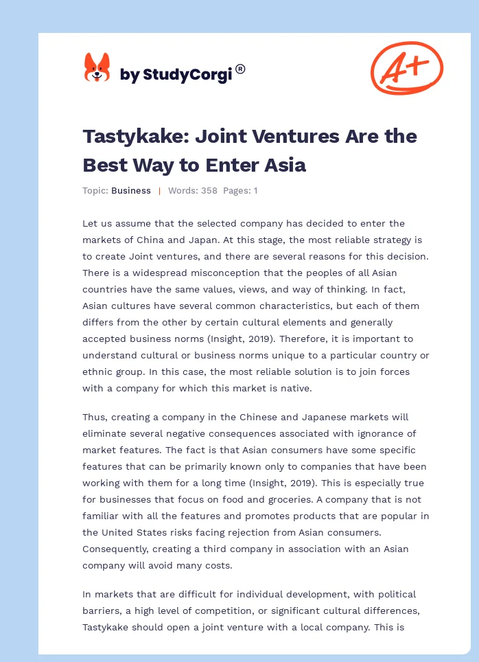 Tastykake: Joint Ventures Are the Best Way to Enter Asia. Page 1