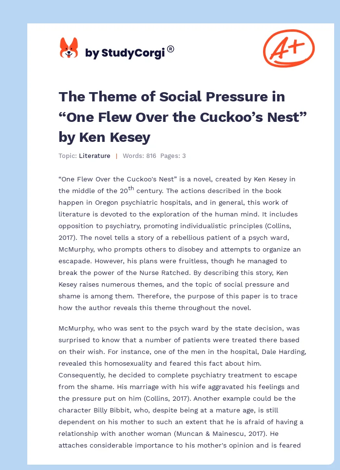 The Theme of Social Pressure in “One Flew Over the Cuckoo’s Nest” by Ken Kesey. Page 1