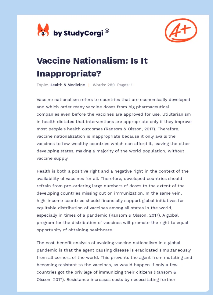 Vaccine Nationalism: Is It Inappropriate?. Page 1