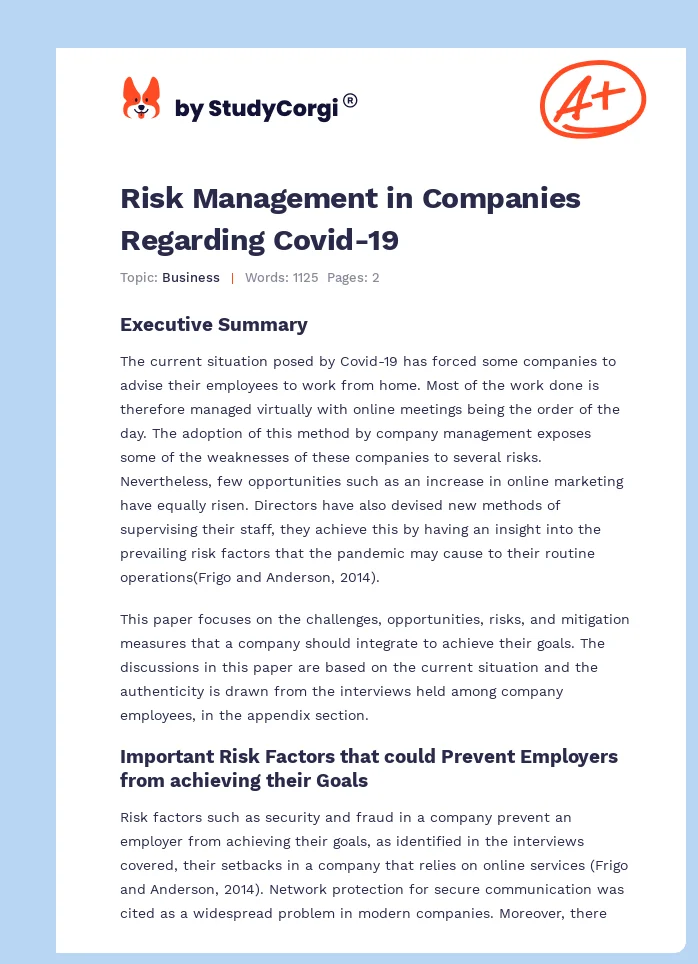 Risk Management in Companies Regarding Covid-19. Page 1