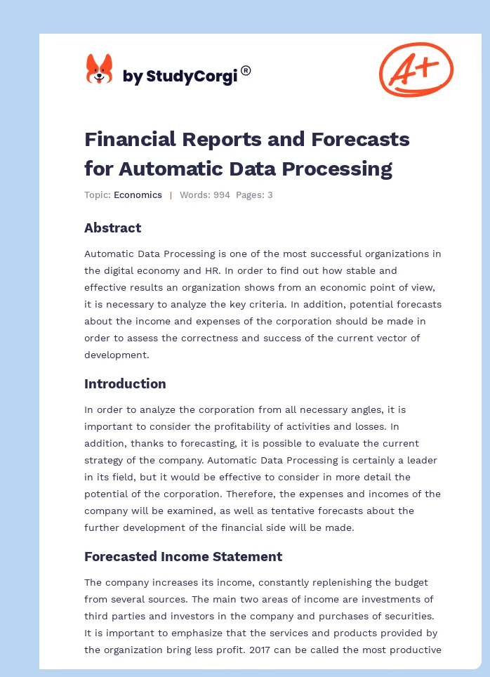 Financial Reports and Forecasts for Automatic Data Processing. Page 1