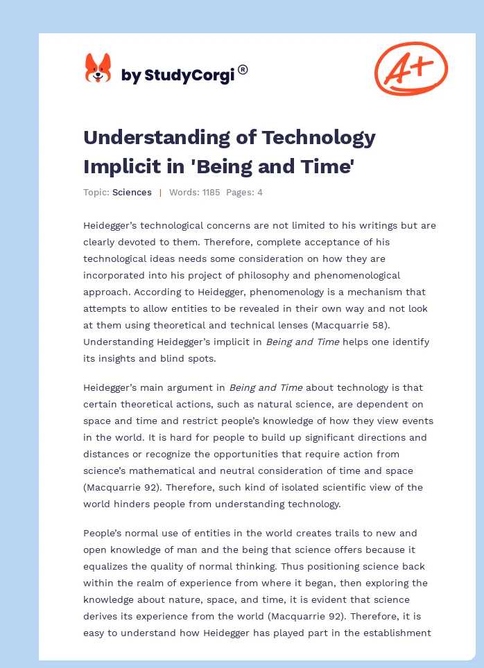 Understanding of Technology Implicit in 'Being and Time'. Page 1