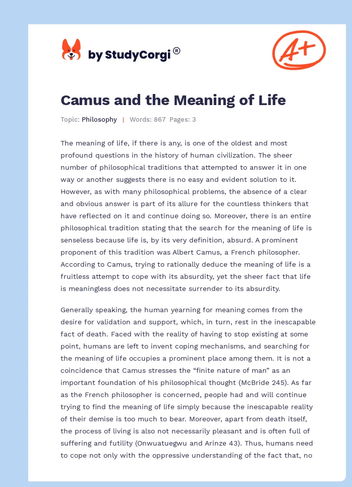 Camus and the Meaning of Life. Page 1