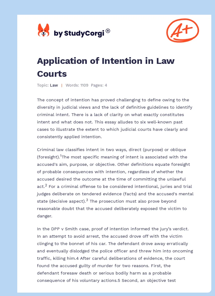 Application of Intention in Law Courts. Page 1