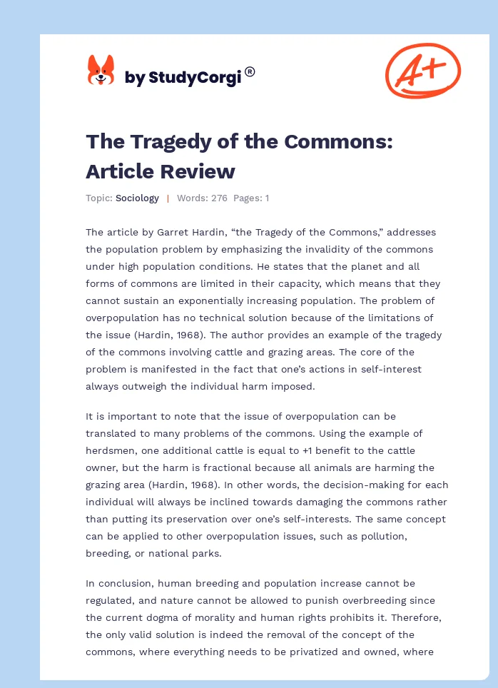the essay entitled tragedy of the commons argued that population growth