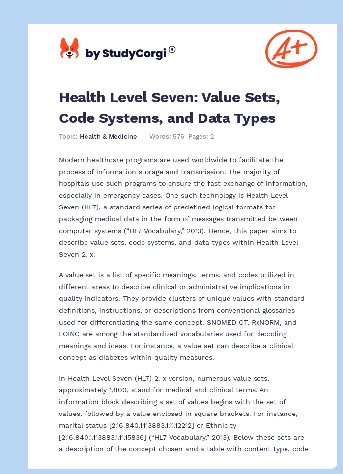 Health Level Seven: Value Sets, Code Systems, and Data Types. Page 1