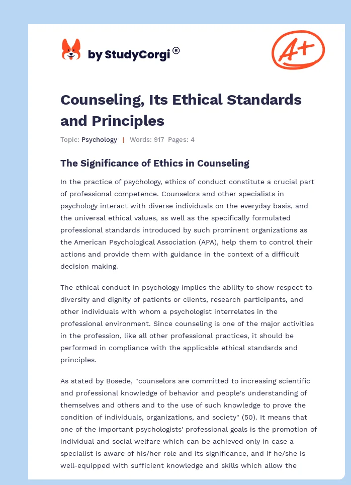 Counseling, Its Ethical Standards and Principles. Page 1