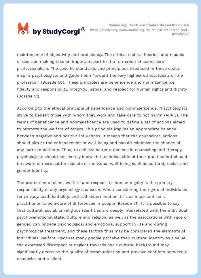 Counseling, Its Ethical Standards and Principles. Page 2