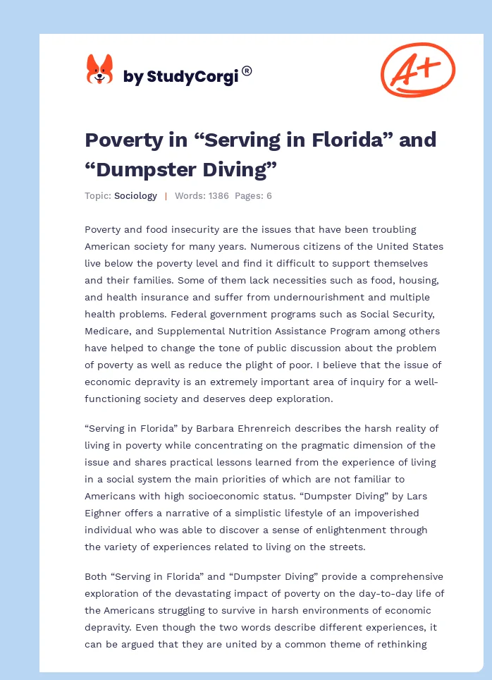 Poverty in “Serving in Florida” and “Dumpster Diving”. Page 1