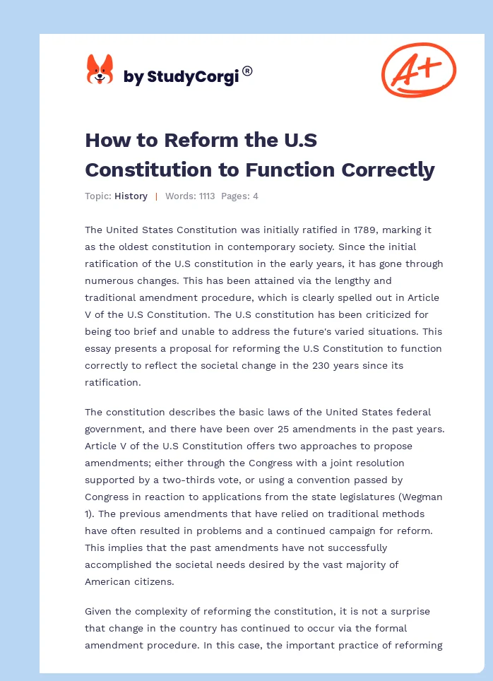 How to Reform the U.S Constitution to Function Correctly. Page 1