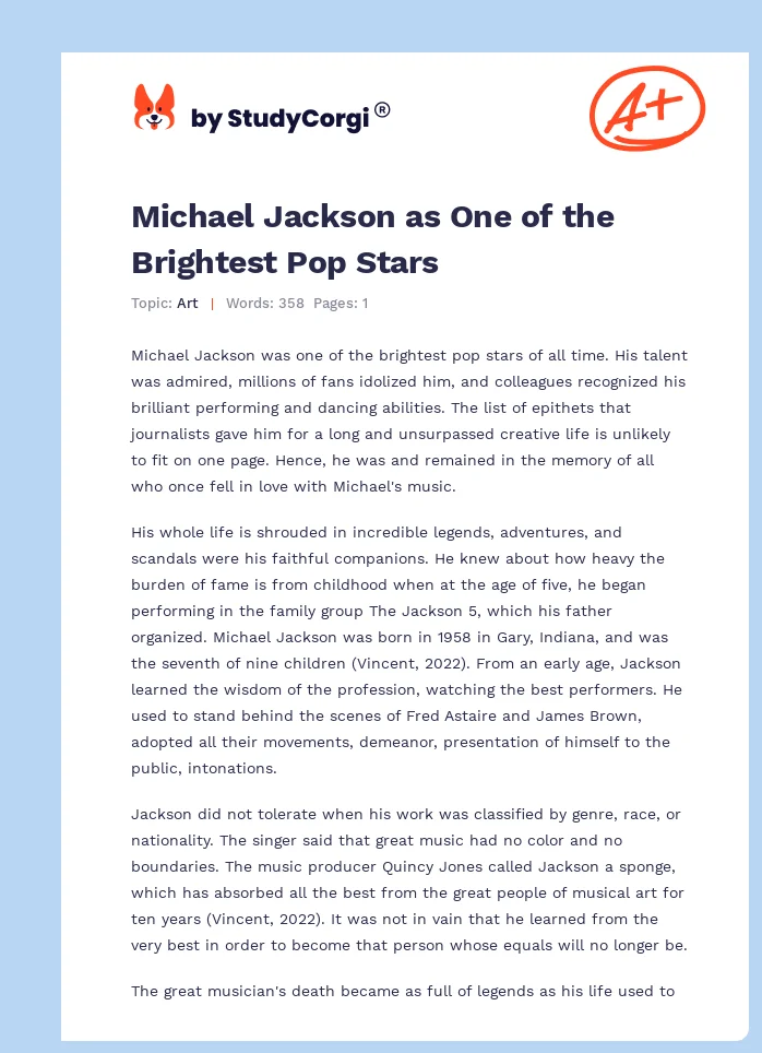 Michael Jackson as One of the Brightest Pop Stars. Page 1