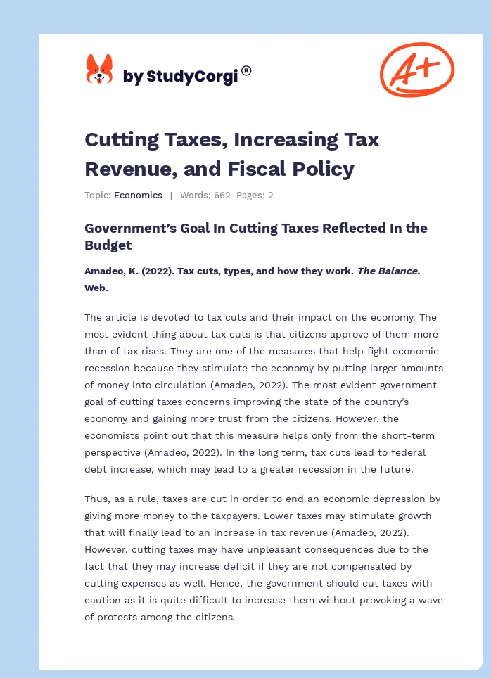 Cutting Taxes, Increasing Tax Revenue, and Fiscal Policy. Page 1