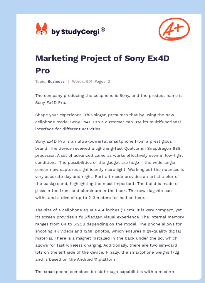 Marketing Project of Sony Ex4D Pro. Page 1