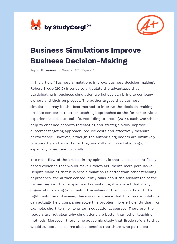 Business Simulations Improve Business Decision-Making. Page 1