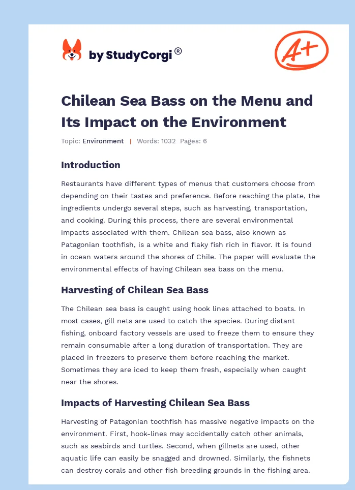 Chilean Sea Bass on the Menu and Its Impact on the Environment. Page 1