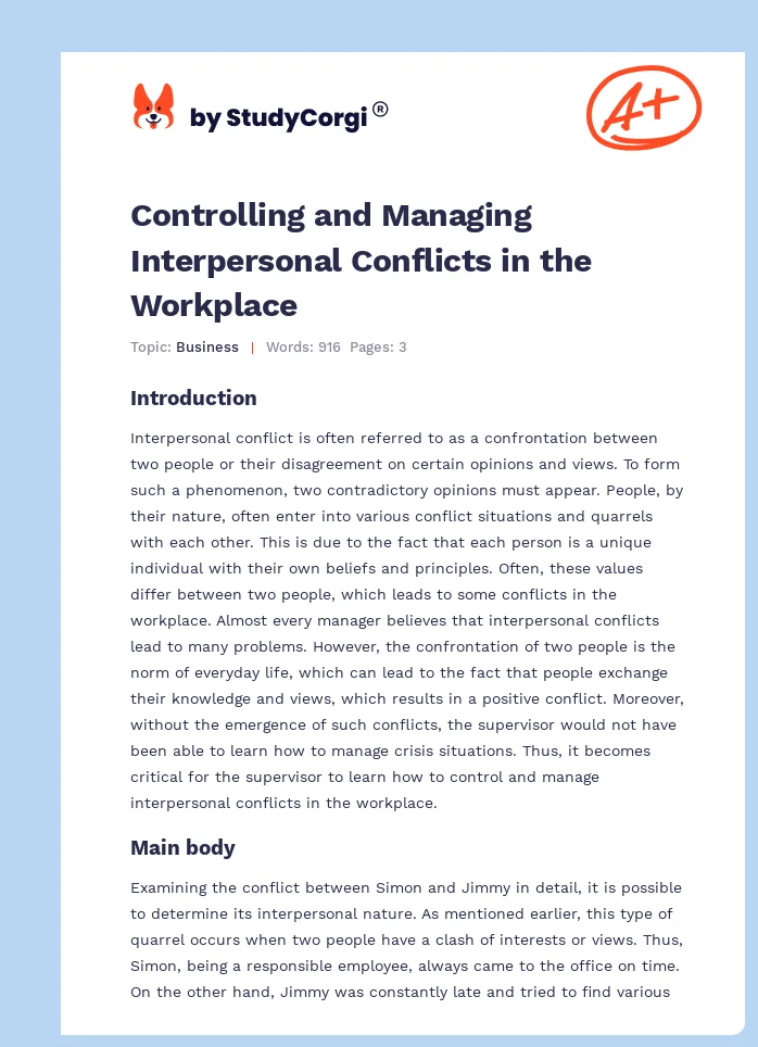 Controlling and Managing Interpersonal Conflicts in the Workplace. Page 1