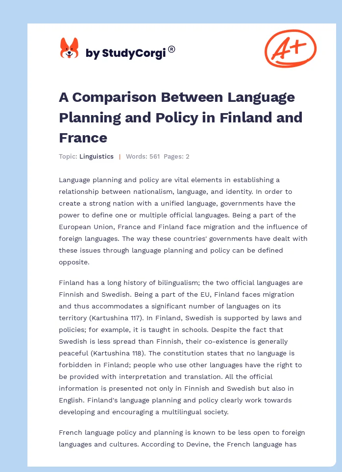 A Comparison Between Language Planning and Policy in Finland and France. Page 1