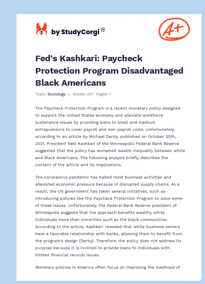 Fed's Kashkari: Paycheck Protection Program Disadvantaged Black Americans. Page 1