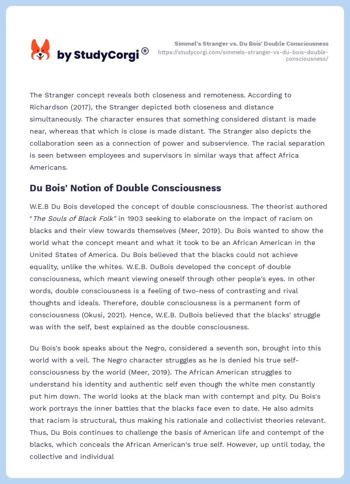 Comparing Simmel’s ‘Stranger’ and Du Bois’ ‘Double Consciousness’. Page 2