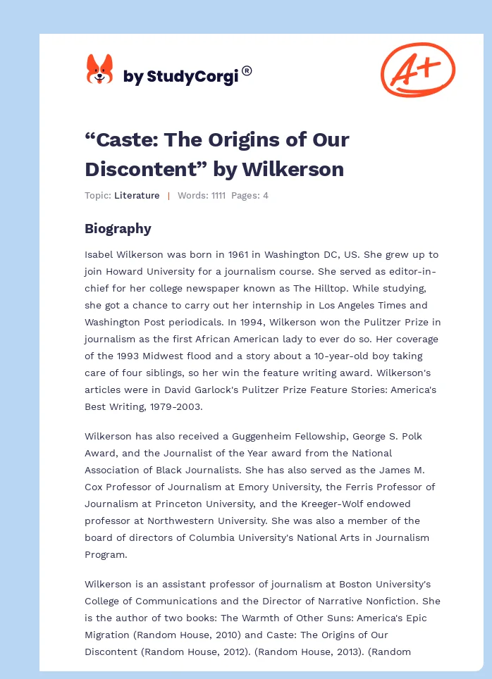 “Caste: The Origins of Our Discontent” by Wilkerson. Page 1
